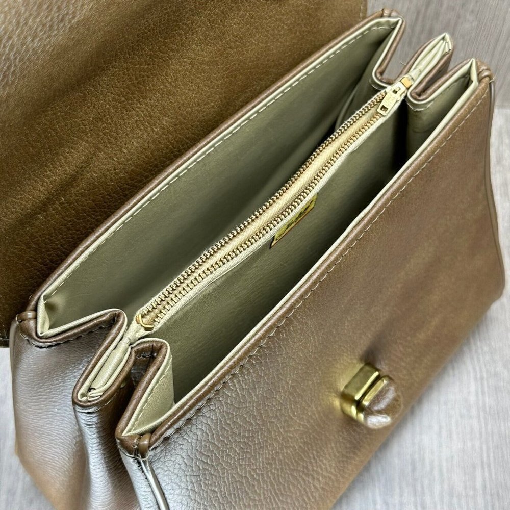 Vintage Jaclyn USA Shoulder Bag Womens Stand Alone Turn Lock Gold Plated Brown - Picture 8 of 11